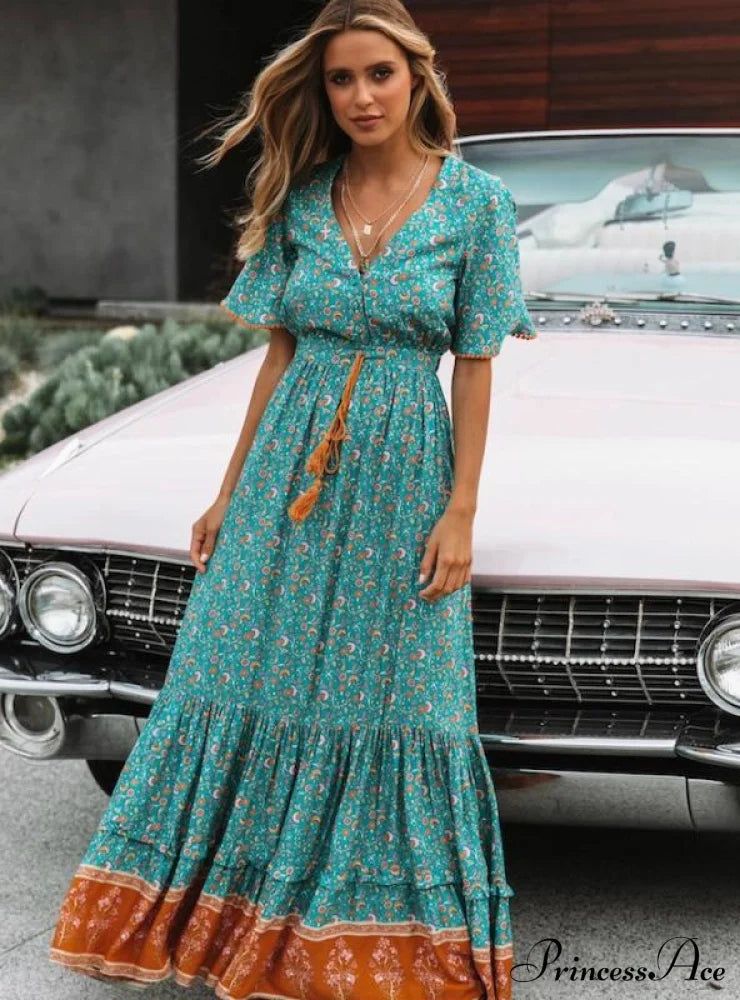 maxi dresses_Ruffled V-Neck Maxi Dress with Short Sleeves - L Blue