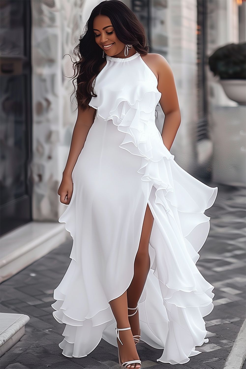 maxi dresses_Xpluswear Design Plus Size Wedding White Halter Collar Sundress Split Ruffle Maxi Dresses