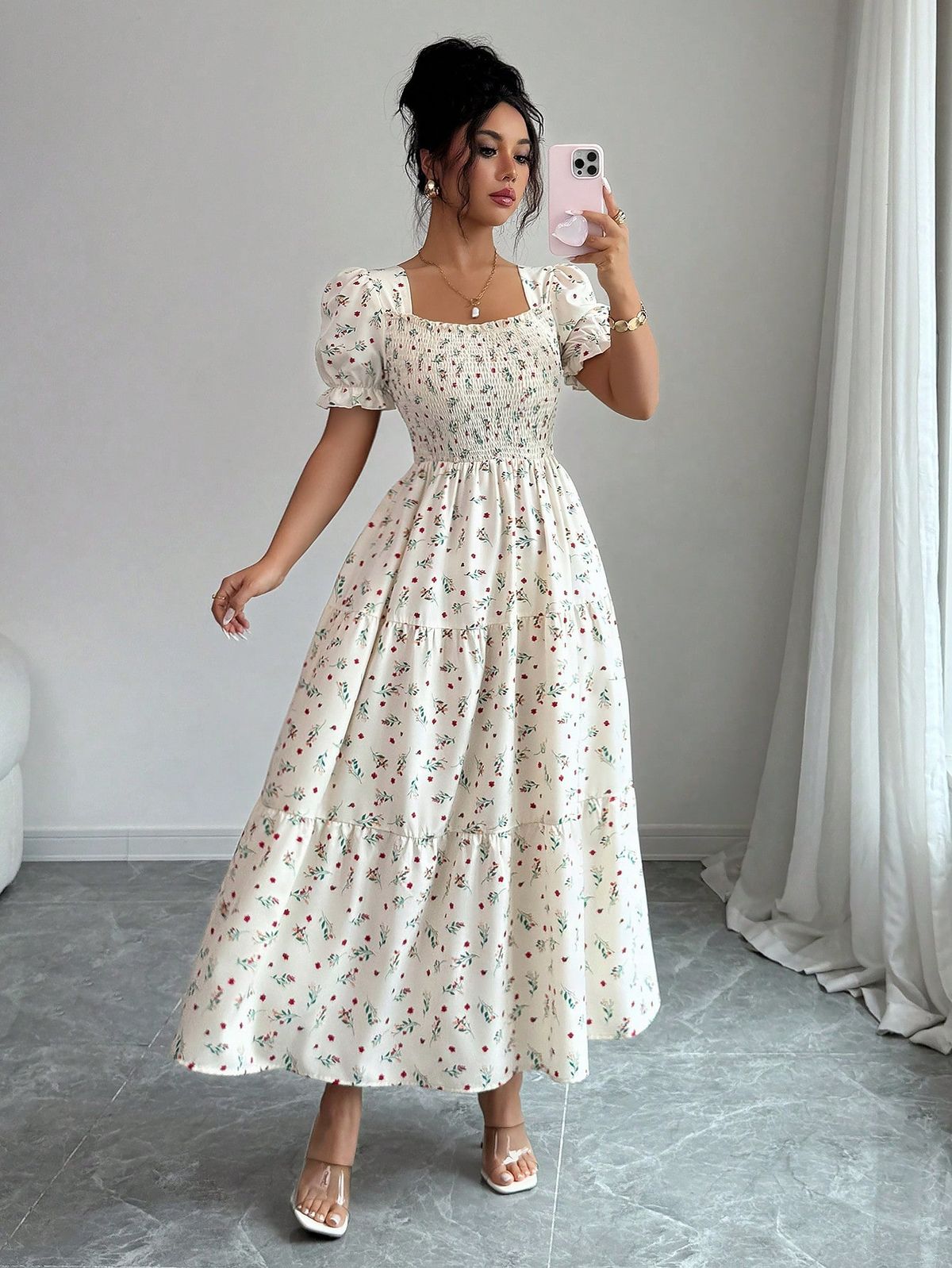 maxi dresses_Women's Elegant Ditsy Floral Print Square Collar Cinched Waist A-Line Patchwork Dress