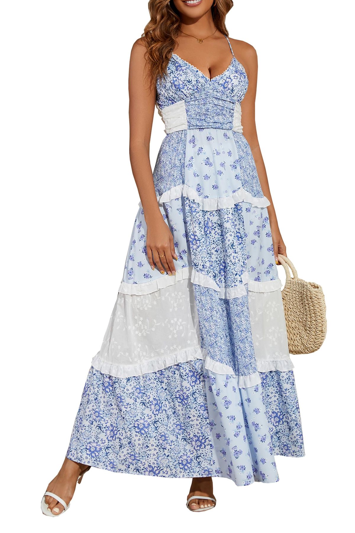 maxi dresses_Women Floral Maxi Dress Spaghetti Straps V Neck Lace Patchwork Flowy Tiered Wedding Guest Long Dresses