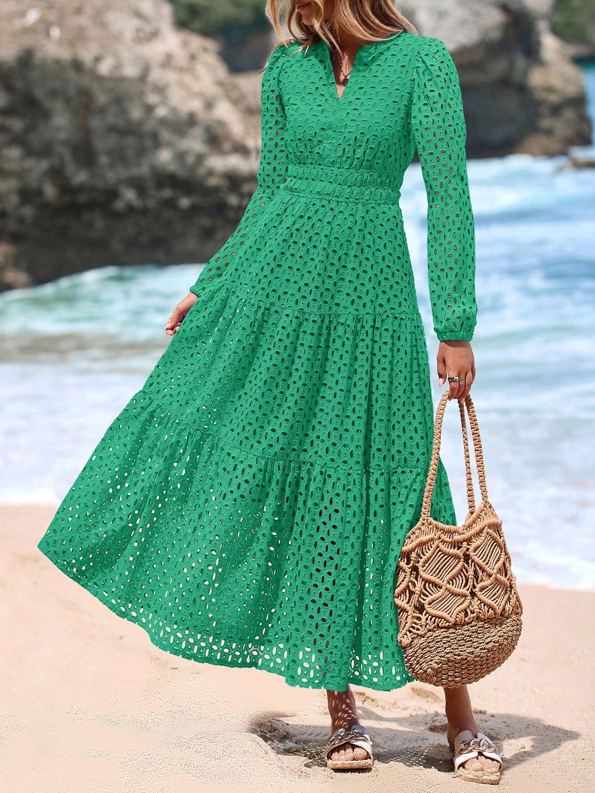 maxi dresses_Womens Summer Fall  Maxi Dress Short Sleeve V Neck Hollow Out Eyelet A Line Long Flowy Valentine Beach Vacation Dresses