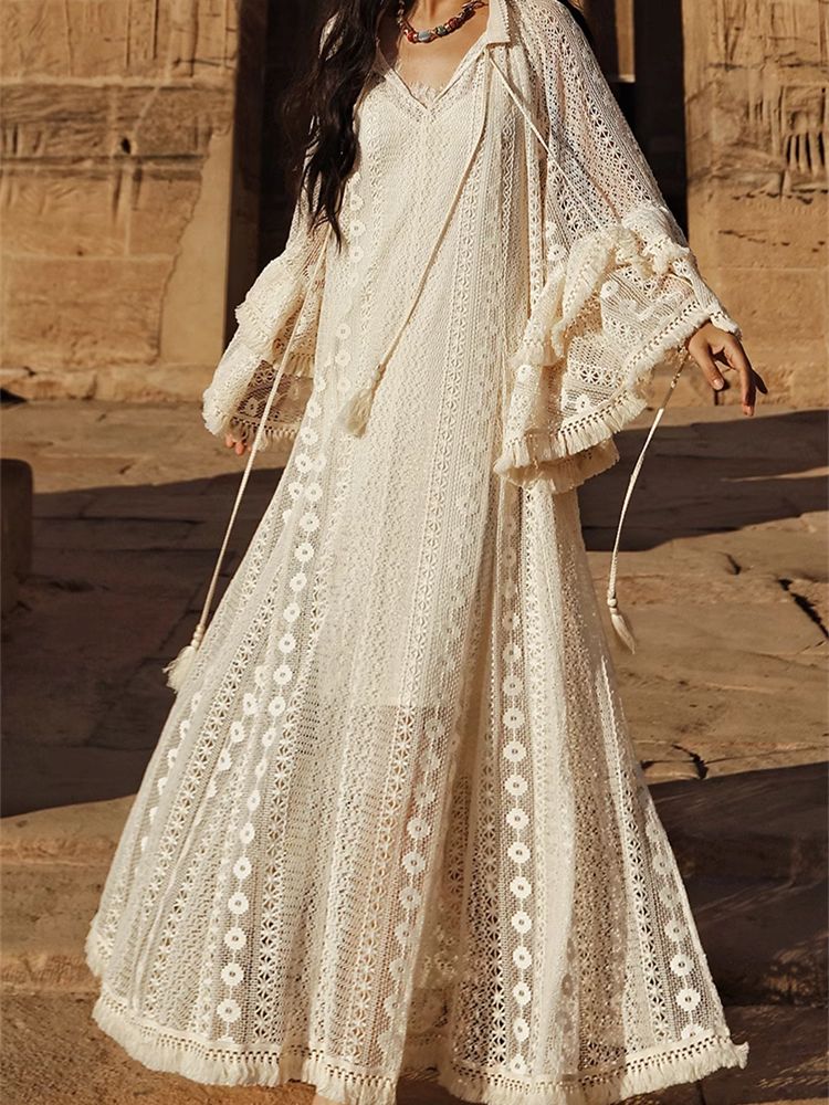 maxi dresses_Spring Summer Oversized Maxi Dresses For Women Elegant Sexy Hollow Out Flare Sleeve French Vacation