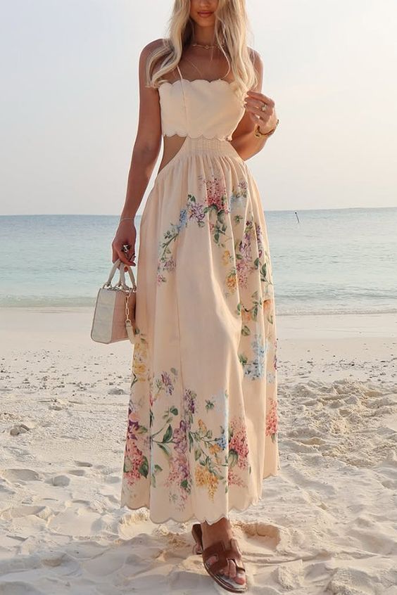 maxi dresses_Cabo Sunsets Floral Print Petal Trim Back Lace-up Midi Dress