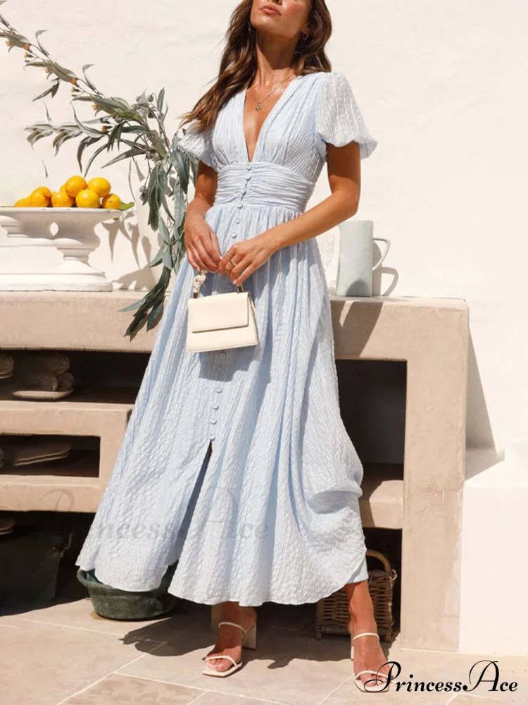 maxi dresses_Puff Sleeve V-Neck Charming Long Oversized Hem Dress - Blue S