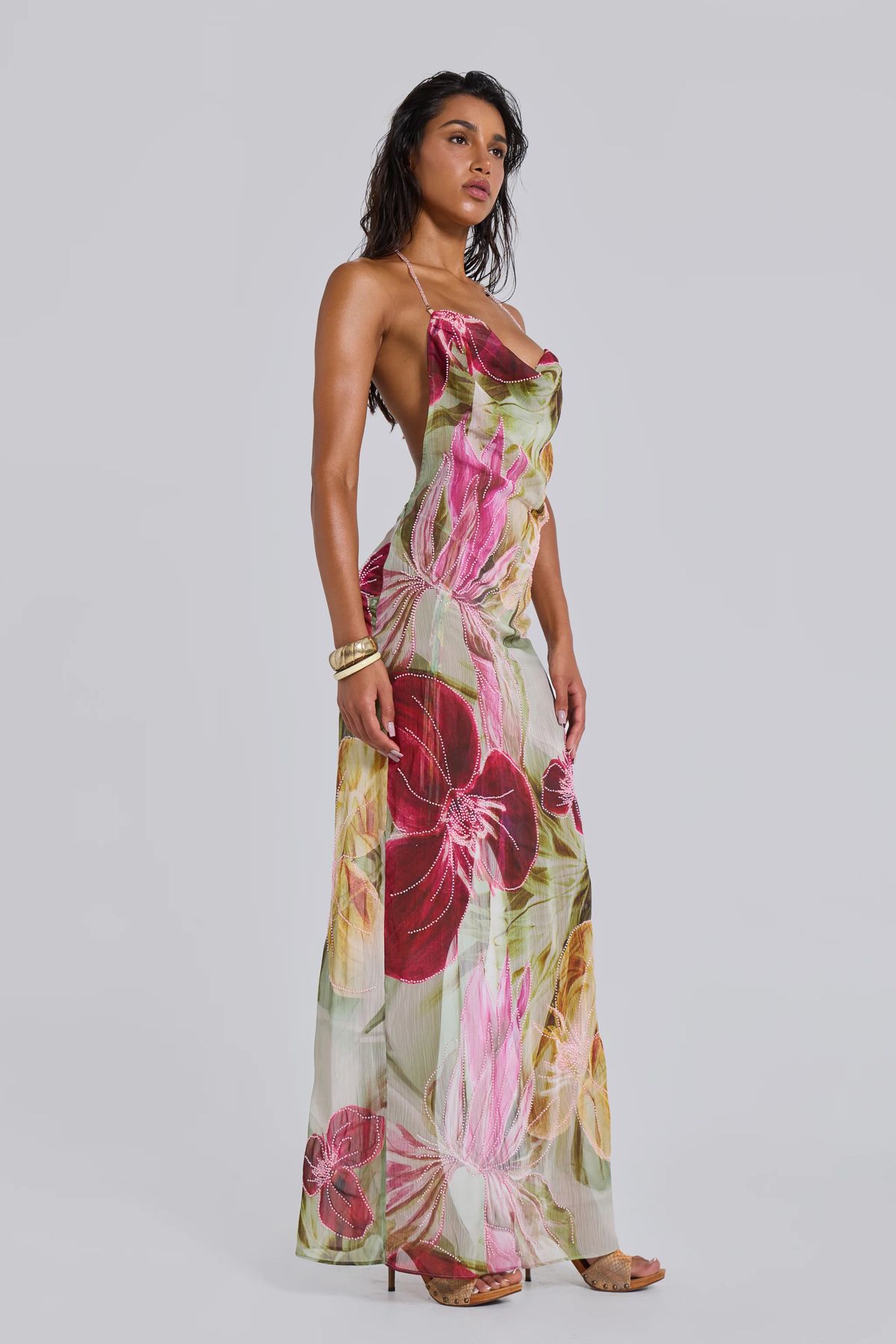 maxi dresses_Dahlia Hand-Beaded Backless Chiffon Maxi Dress in Rosa
