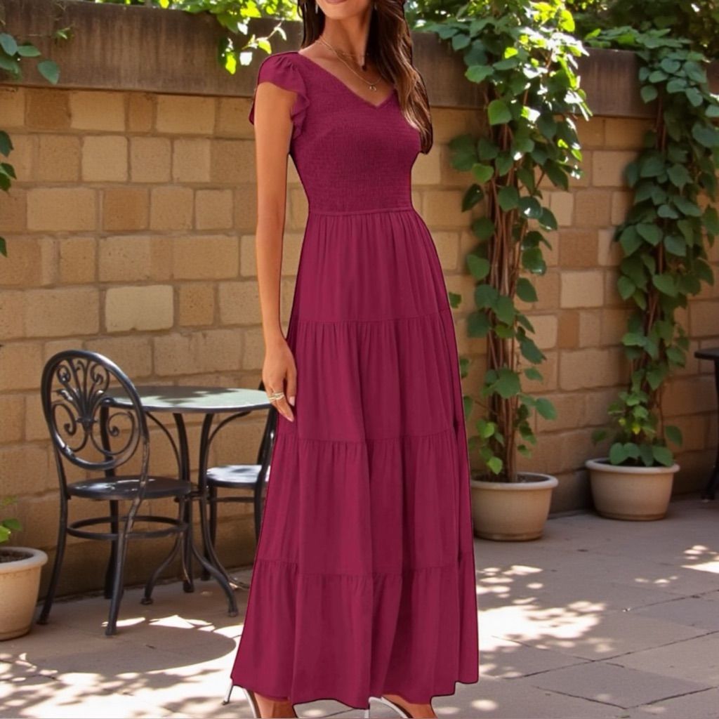 maxi dresses_Prettygarden Dresses | Nwt Prettygarden Summer Flowy Maxi Dress Cap Sleeve V-Neck Smocked Womens Large | Color: Red | Size: L