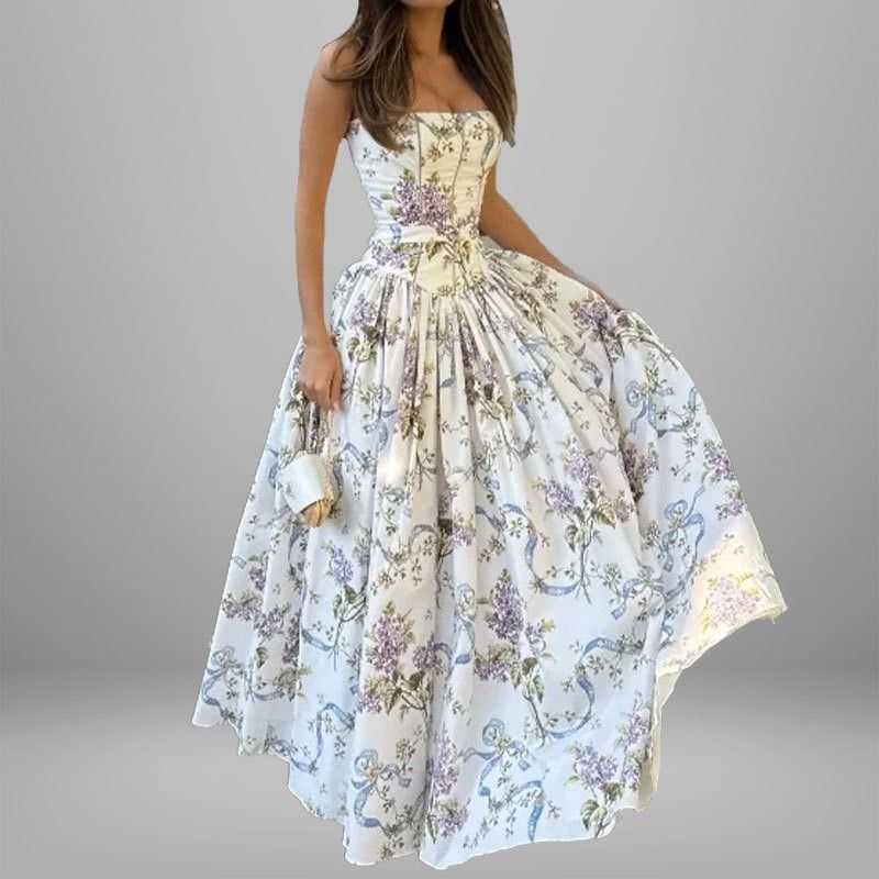 maxi dresses_Vintage Flower Print High Waist Pleated Maxi Dress Women Sexy Backless Sleeveless Long Dresses