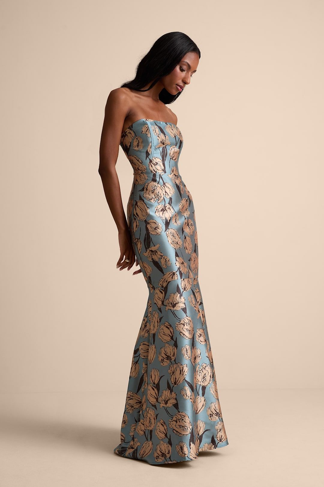 maxi dresses_Gowning Around Slate Blue Floral Jacquard Strapless Maxi Dress | Lulus