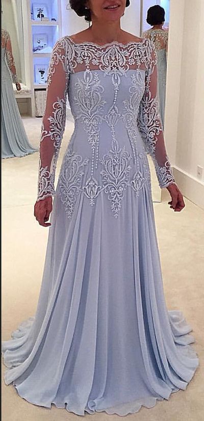 elegant dresses_Lace Long-Sleeve Elegant A-line Mother-the-bride Dress,354