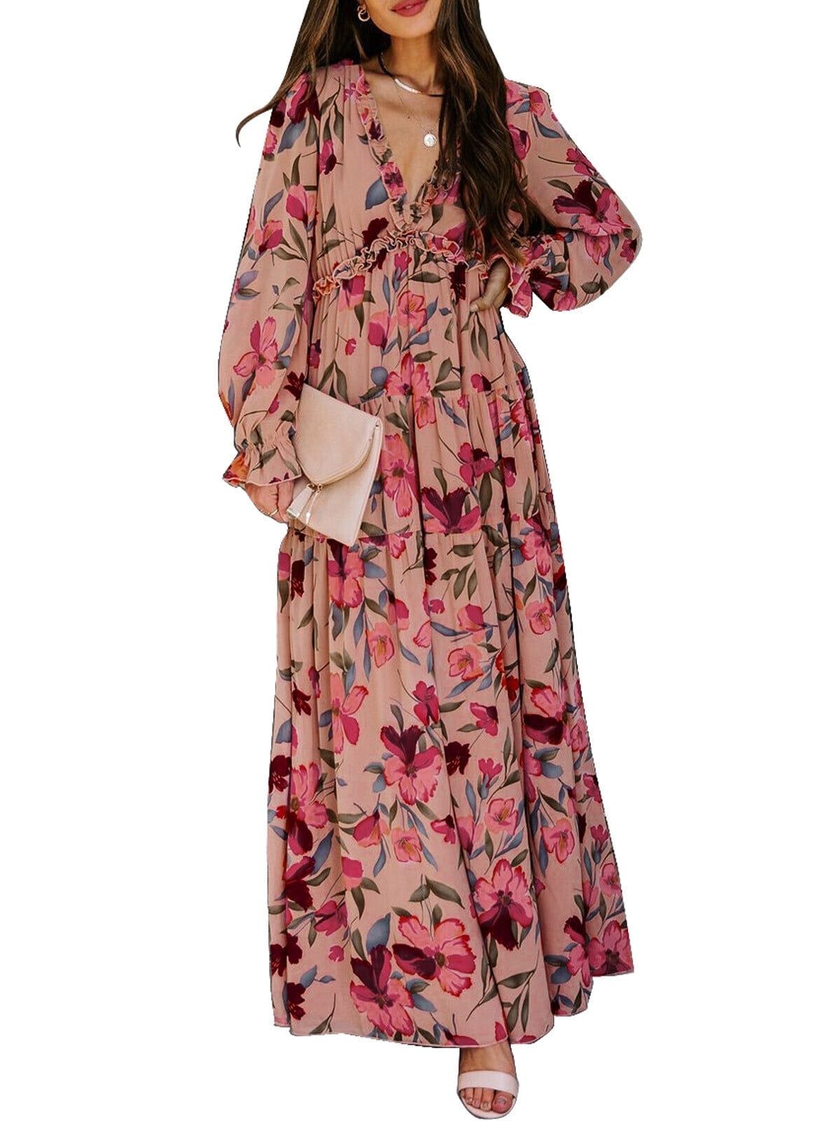 maxi dresses_SHEWIN Womens Dresses Boho Floral Print Casual Deep V Neck Long Sleeve Evening Wedding Maxi Dress S-XL - Walmart.com
