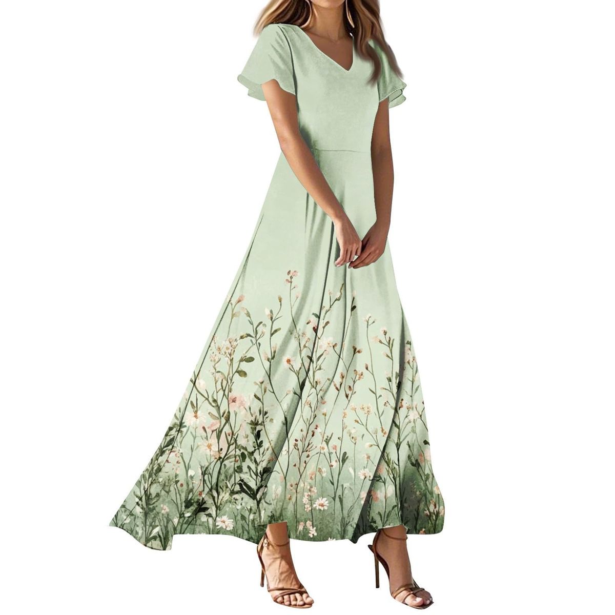 maxi dresses_Women's 2025 Summer Maxi Dress Floral V-Neck Short Sleeve Casual Long Beach Dress Elegant Flowy Vacation Dresses