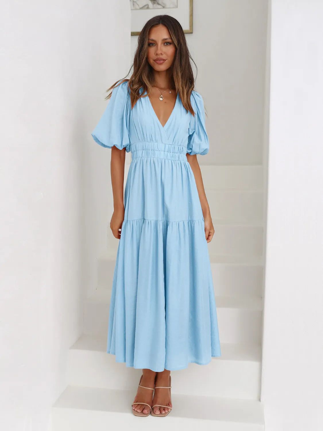 maxi dresses_Surplice Half Puff Sleeve Midi Dress - Sky Blue / XL