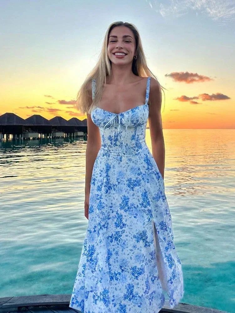 maxi dresses_Suninheart Women's Summer Floral Print Dresses Sweet Elegant Midi Holiday Dress Casual Slit Blue Lace Up Dresses 2023 blue print / M  (no lining )