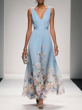 maxi dresses_Light Blue Floral Chiffon V Neck Sleeveless A-Line Maxi Cocktail Dress