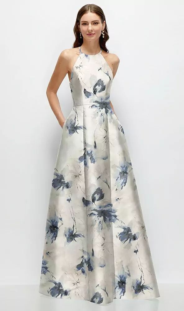 maxi dresses_Jewel Neck Halter Full A-Line Satin Floral Maxi Dress