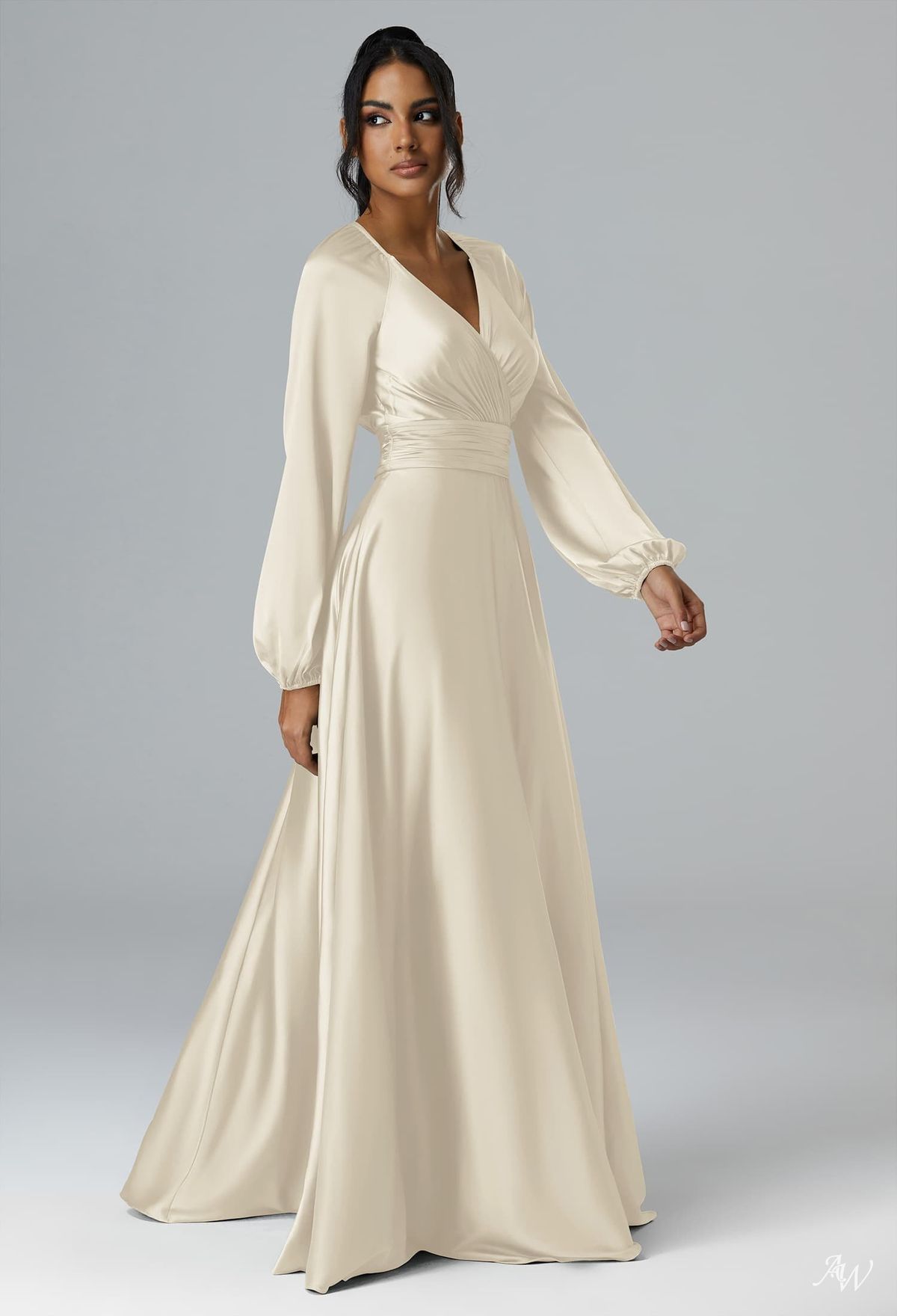 maxi dresses_AW Eden Dress, Ivory Satin Charmeuse Floor Length V-Neck Bridesmaid Dresses