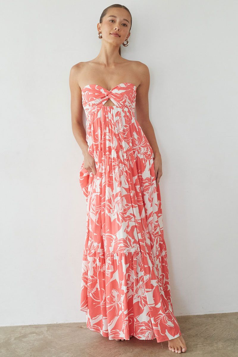maxi dresses_Lilo Strapless Maxi Dress - Coral Floral / L