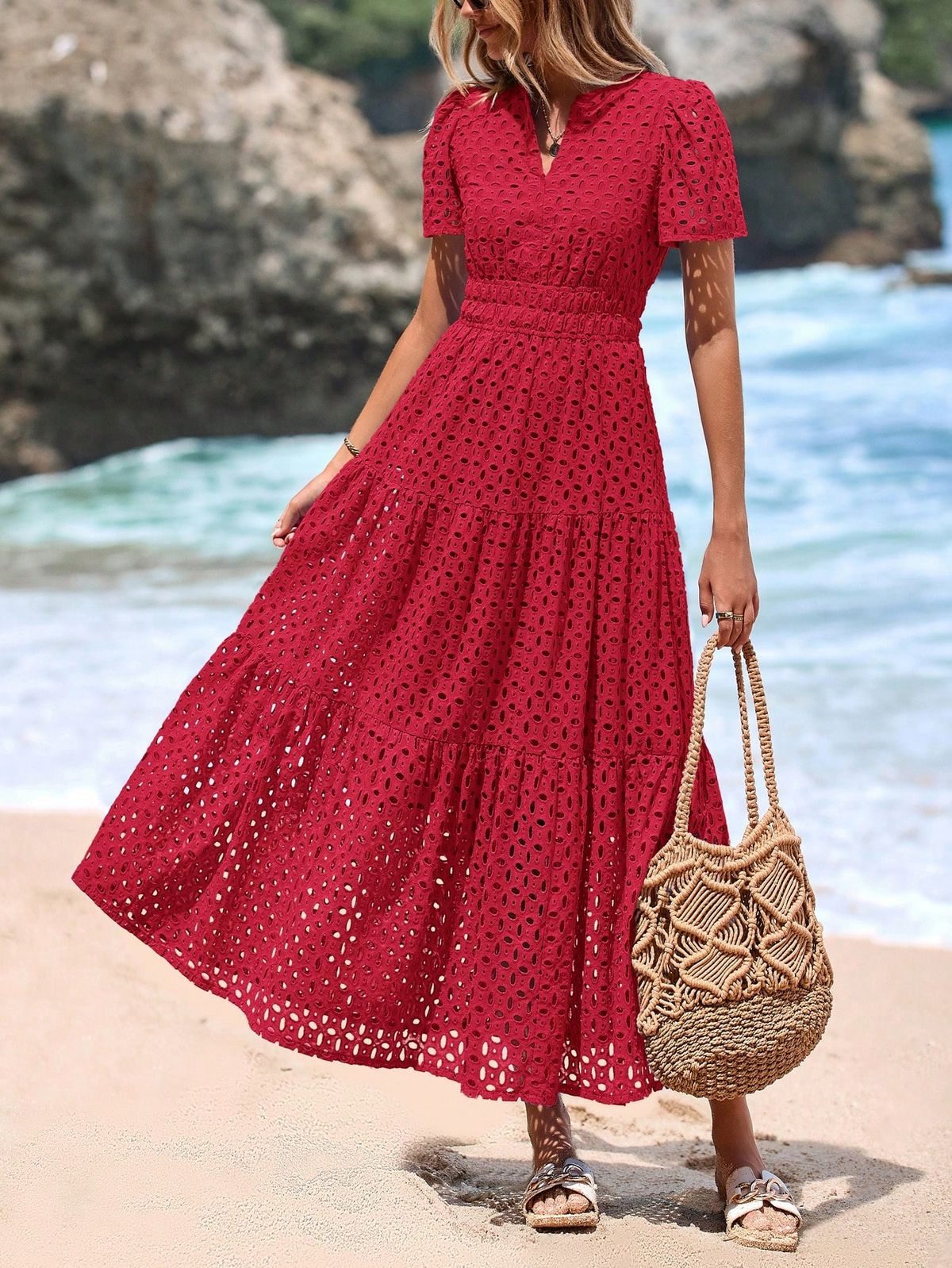 maxi dresses_Womens Summer Fall  Maxi Dress Short Sleeve V Neck Hollow Out Eyelet A Line Long Flowy Valentine Beach Vacation Dresses