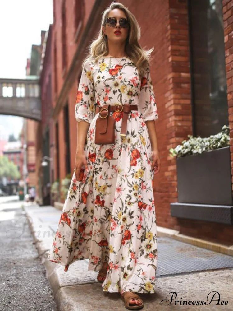 maxi dresses_Bohemia Maxi Dress with Floral Round Neck and Half Sleeves - XL White