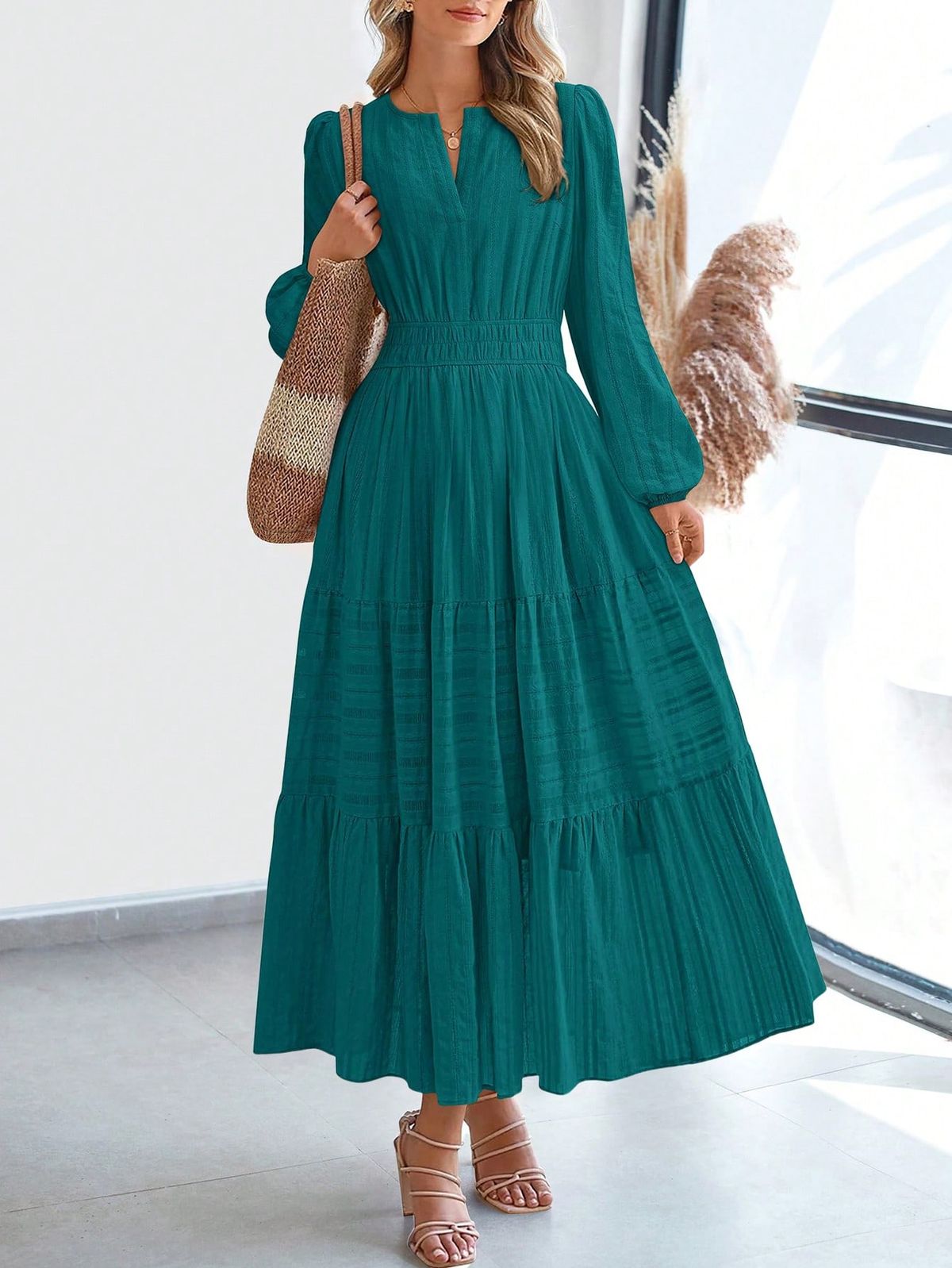 maxi dresses_Women Fall Maxi Dresses Long Sleeve High Waist Tiered Flowy A-Line Boho Bohemian Long Dress Beach Holiday Vacation Wedding Guest Outfit