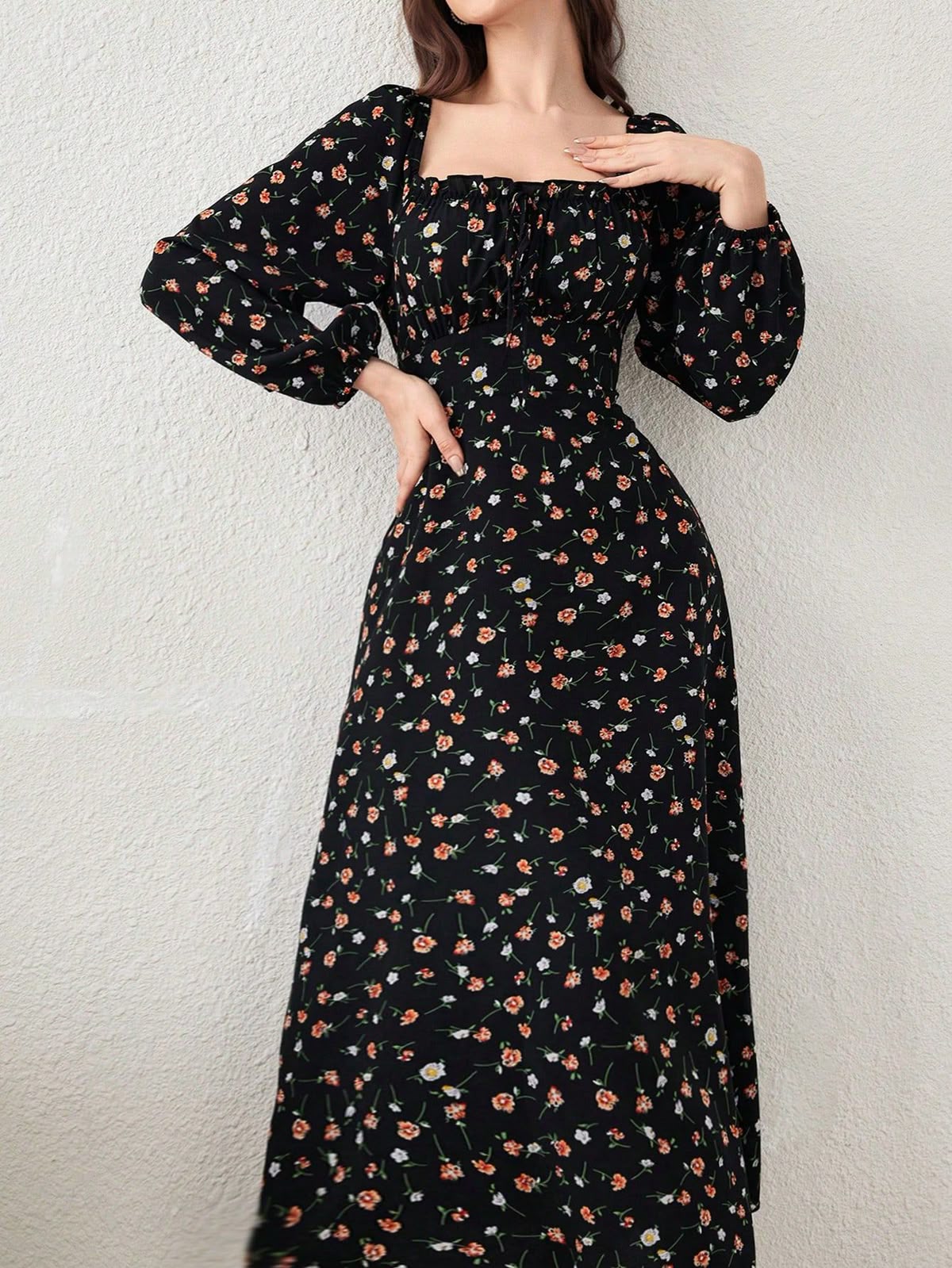 maxi dresses_Women's Floral Print Square Neck Lantern Sleeve Dress Maxi Women Outfit Fall Cloth For Women