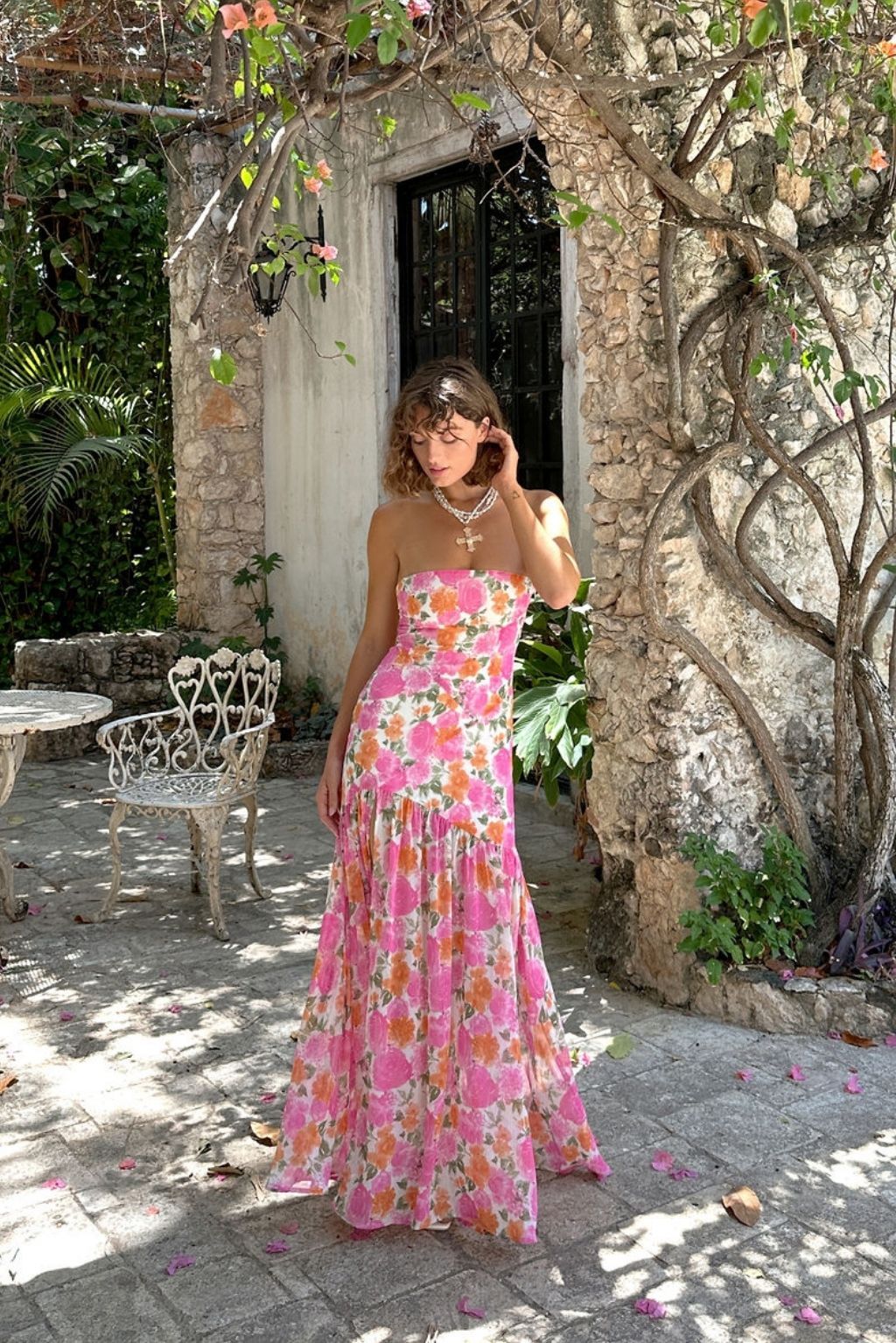 maxi dresses_LaBelle Strapless Drop Waist Pink Floral Maxi Dress