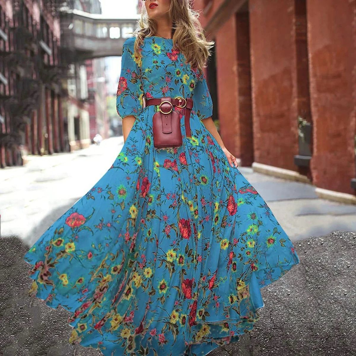 maxi dresses_Maxi Dress Flower Print Pleated Swing Evening Dress - Blue / XXXL