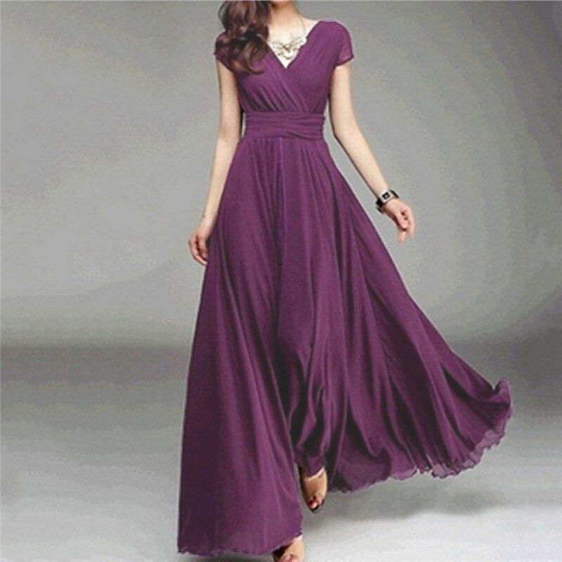 maxi dresses_Women's Long Dress Maxi Dress Party Dress Casual Dress Swing Dress Modern Elegant Dress Daily Wedding Guest Date Slim Pure Color Short Sleeve V Neck Blue Black White Yellow Summer Spring