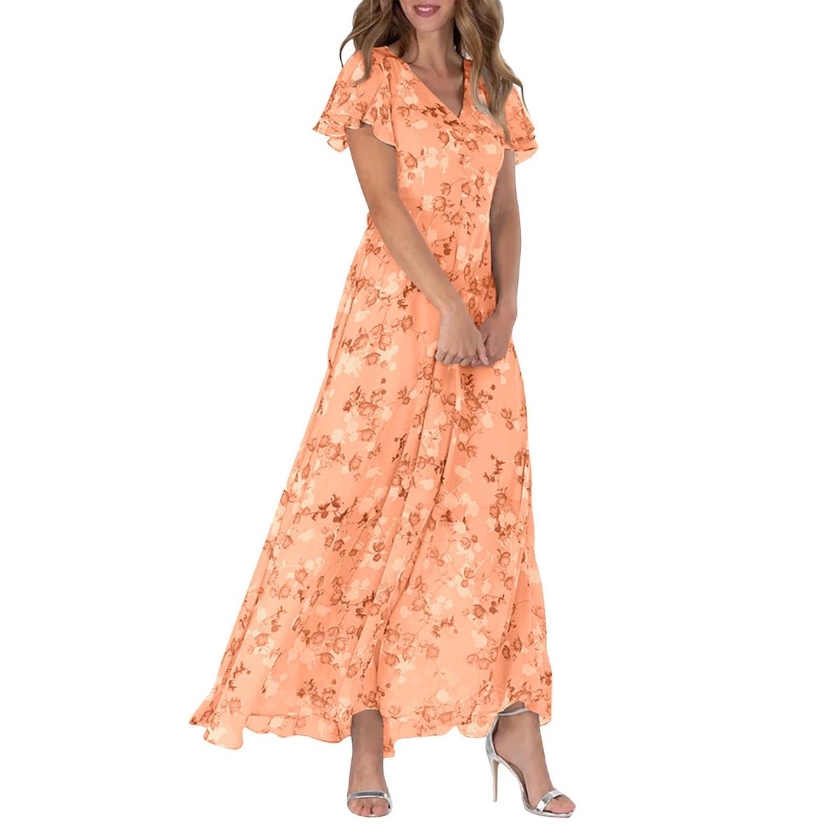 maxi dresses_Maxi Dresses for Women 2025 Summer Ruffle Short Sleeve Floral Dress Flowy V Neck Chiffon Maxi Dress Print Long Dresses