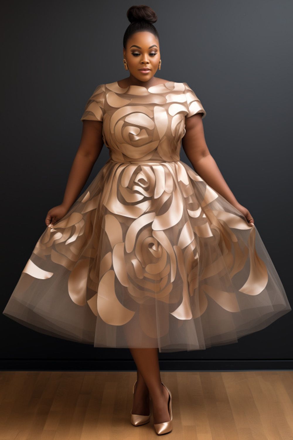 elegant dresses_Xpluswear Design Plus Size Wedding Guest Champagne Floral Round Neck Short Sleeve See Through Elegant Midi Dresses Champagne-L/10-12