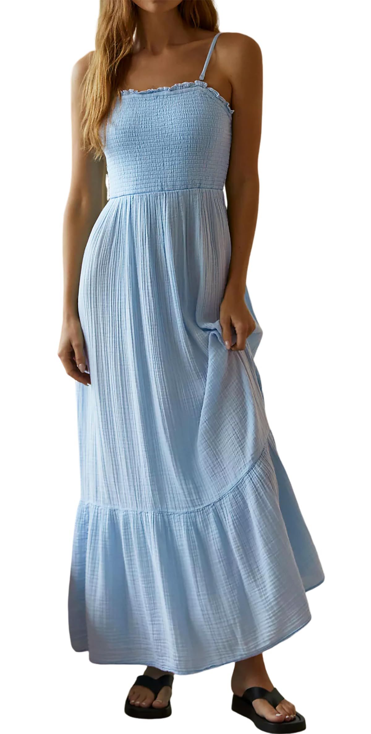 maxi dresses_R.Vivimos Womens Summer Boho Cotton Maxi Dress Adjustable Spaghetti Strap Elastic Smocked Casual Ruffle Hem Flowy Beach Dress