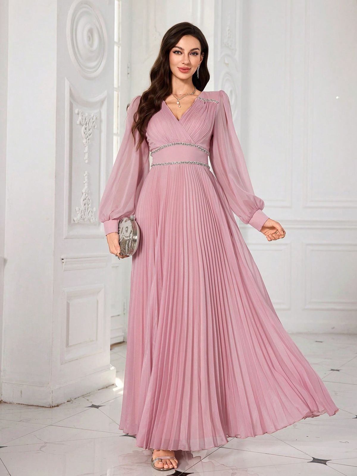 maxi dresses_UNITHORSE Women's Elegant V-Neck Lantern Sleeve Chiffon Pleated Handmade Bright Diamond Decoration Slim-Fitting Temperament Maxi Evening Dress