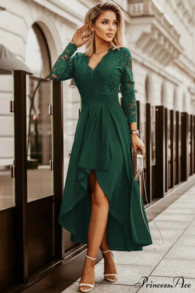 maxi dresses_Floral Lace Satin Charming Maxi Prom Dress - S Green