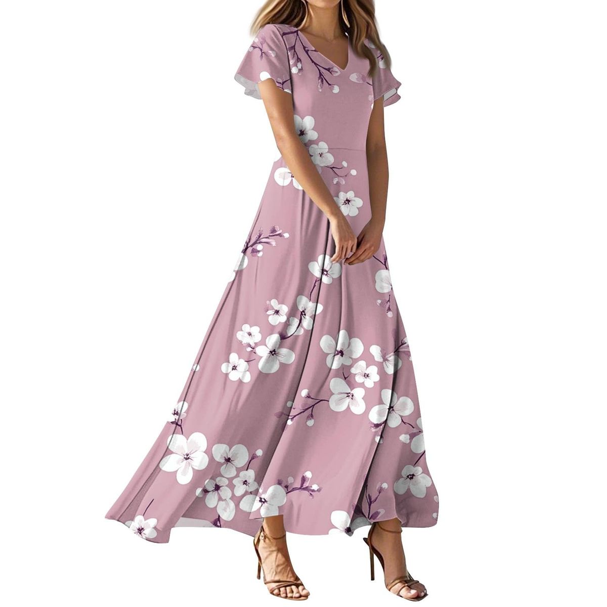 maxi dresses_Kenvina Summer Dresses for Women Flowy Swing Beach Vacation Dress V Neck Loose Maxi Dress Print Casual Short Sleeve Dress