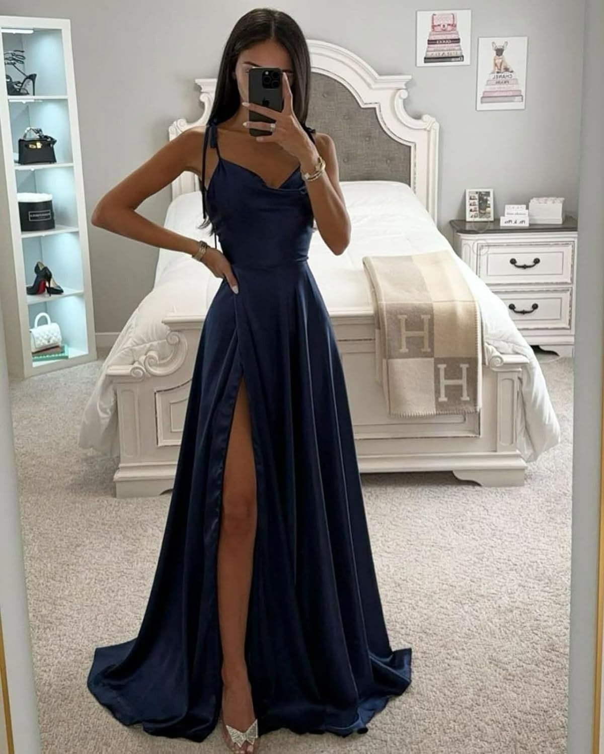maxi dresses_PAVERJER Spaghetti Strap Prom Dresses 2024 with Pockets Satin Long Bridesmaid Dresses for Women with Slit