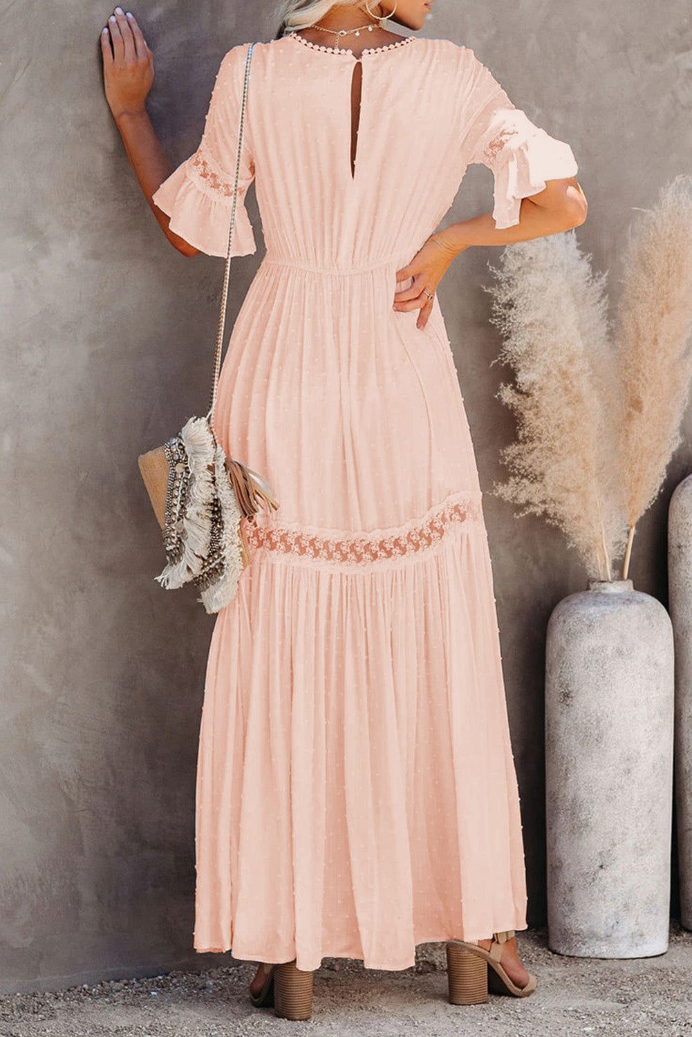 maxi dresses_Swiss Dot Lace Trim Maxi Dress