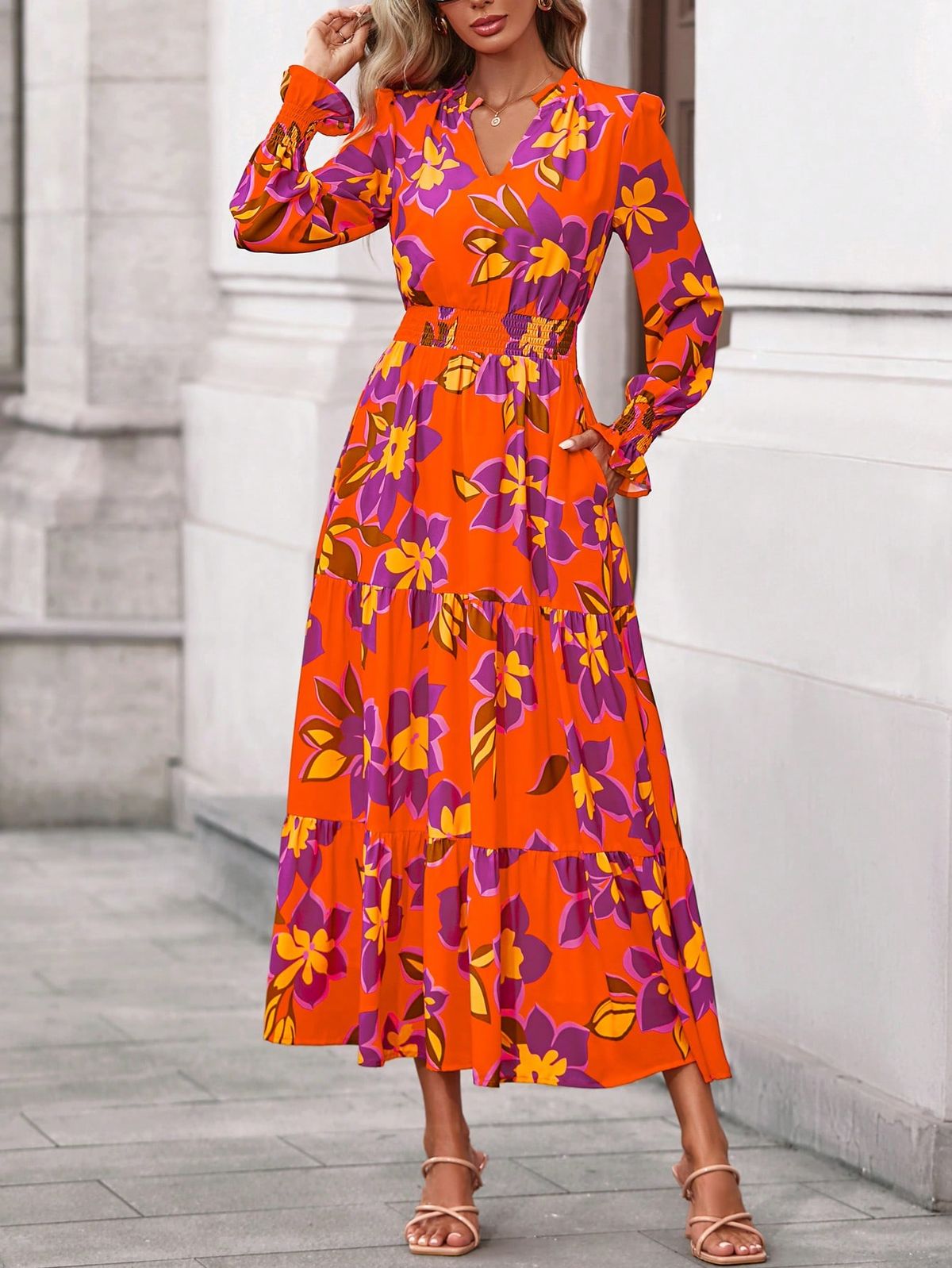 maxi dresses_Women's Fall Clothes Floral Maxi Dress Fall Long Sleeve V Neck Casual A Line Long Flowy Boho Party Valentine Vacation Dresses