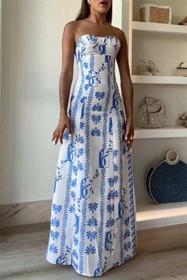 maxi dresses_Freya Linen Blend Floral Wave Print Ruched Bust Strapless Maxi Dress