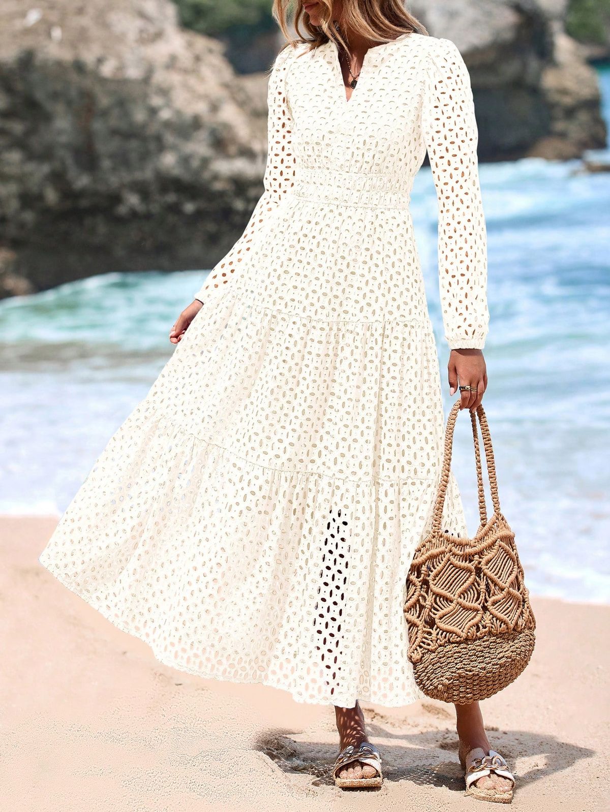 maxi dresses_Womens Summer Fall  Maxi Dress Short Sleeve V Neck Hollow Out Eyelet A Line Long Flowy Valentine Beach Vacation Dresses