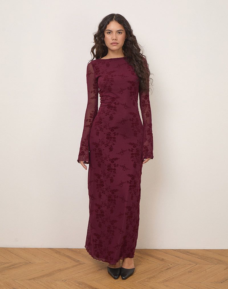 maxi dresses_Shaleed Dress in Botanical Flower Maroon