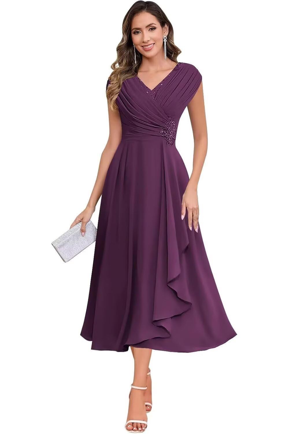 elegant dresses_Chiffon Beading Mother of The Bride Dresses for Women Tea Length Ruffles V-Neck Wedding Dresses for Guest