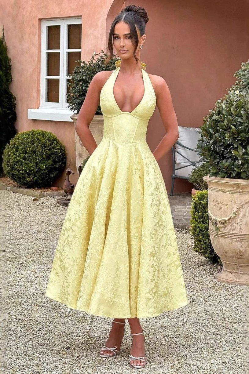 maxi dresses_Jacquard Halter V-Neck Party Dress - S Yellow