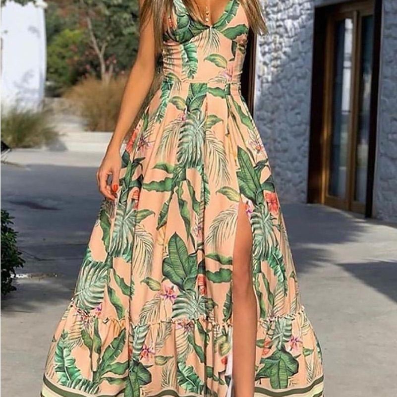 maxi dresses_No Brand Dresses | Island Girl Tropical Print Slit Maxi Dress V-Neck Printed Waist Slit Maxi Dress | Color: Green/Pink | Size: Xl