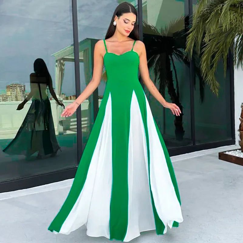 maxi dresses_Patchwork Spaghetti Strap Maxi Dress For Women Color Contrast Slipdress Ladies Sleeveless Backless Loose Long Dress - Green / M