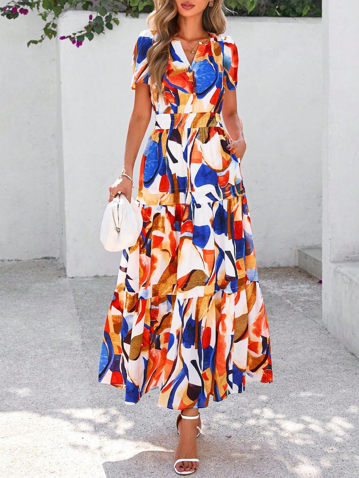 maxi dresses_Women's Summer Bohemian Dress Floral Short Sleeve V-Neck A-Line Layered Flanged Long Casual Beach Holiday Dress