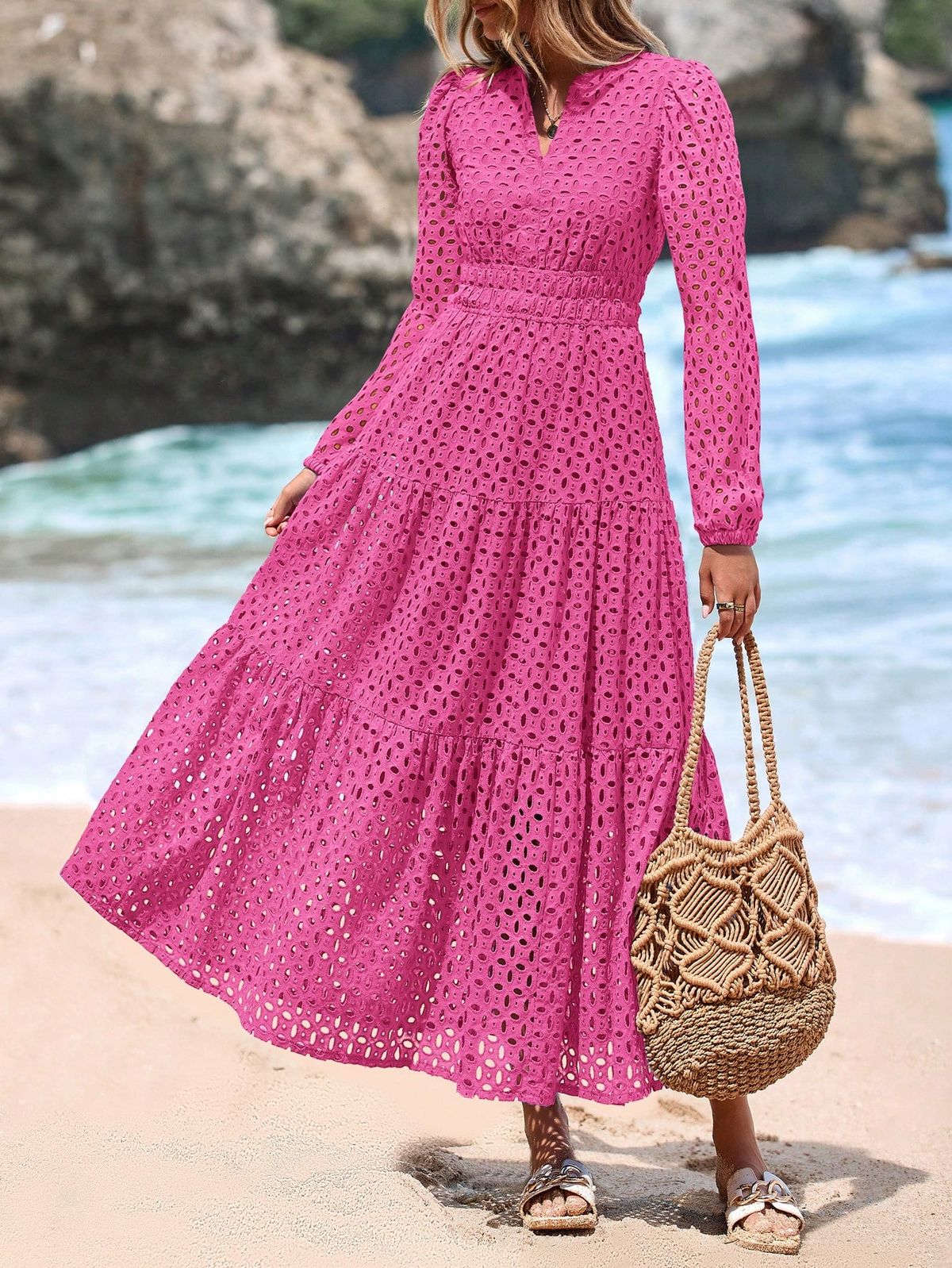 maxi dresses_Womens Summer Fall  Maxi Dress Short Sleeve V Neck Hollow Out Eyelet A Line Long Flowy Valentine Beach Vacation Dresses