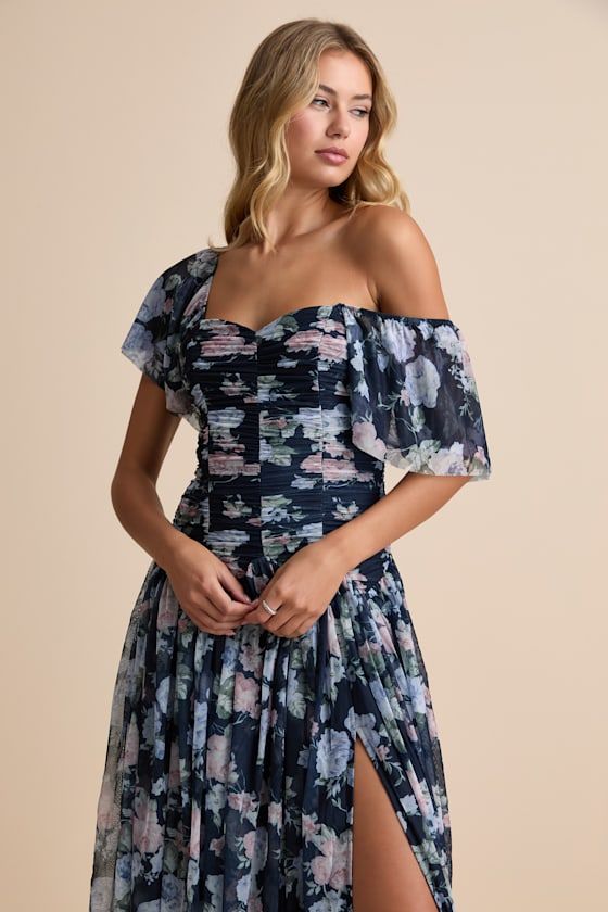 maxi dresses_Majorly Dreamy Navy Floral Mesh Ruched Drop Waist Maxi Dress