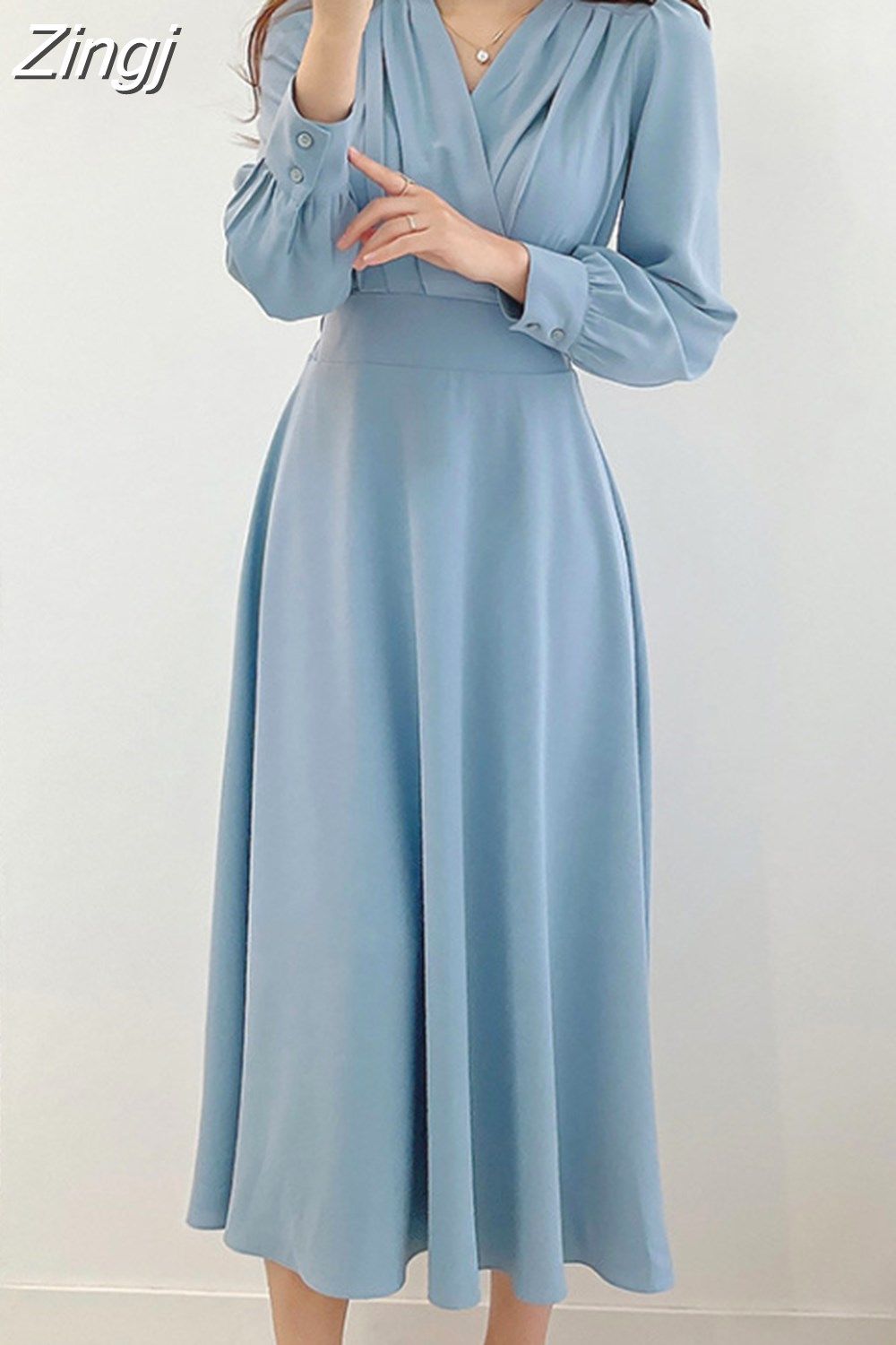 maxi dresses_Zingj V-neck Puff Sleeve A-line Maxi Dresses for Woman Women Solid Color Midi Robe Korean Office Dresses Elegant Spring 2023 Blue-M-CN