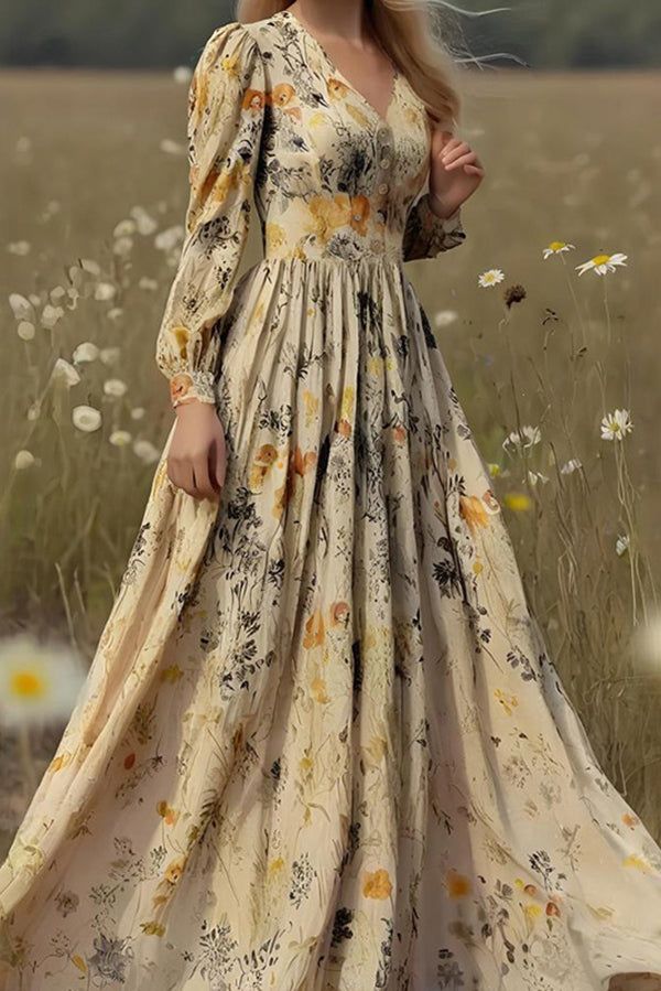 maxi dresses_Floral Print Long-Sleeved Fitted Waist Casual Holiday Maxi Dress