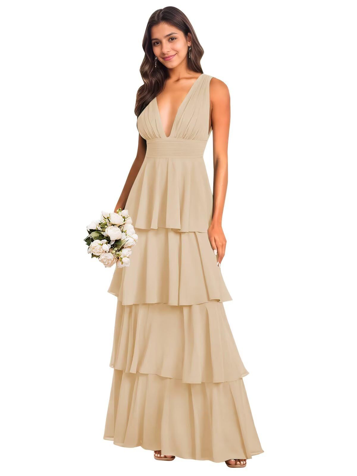 maxi dresses_MRECA Tiered Bridesmaid Dresses for Women Long Chiffon V Neck Prom Dress A Line Formal Evening Gown